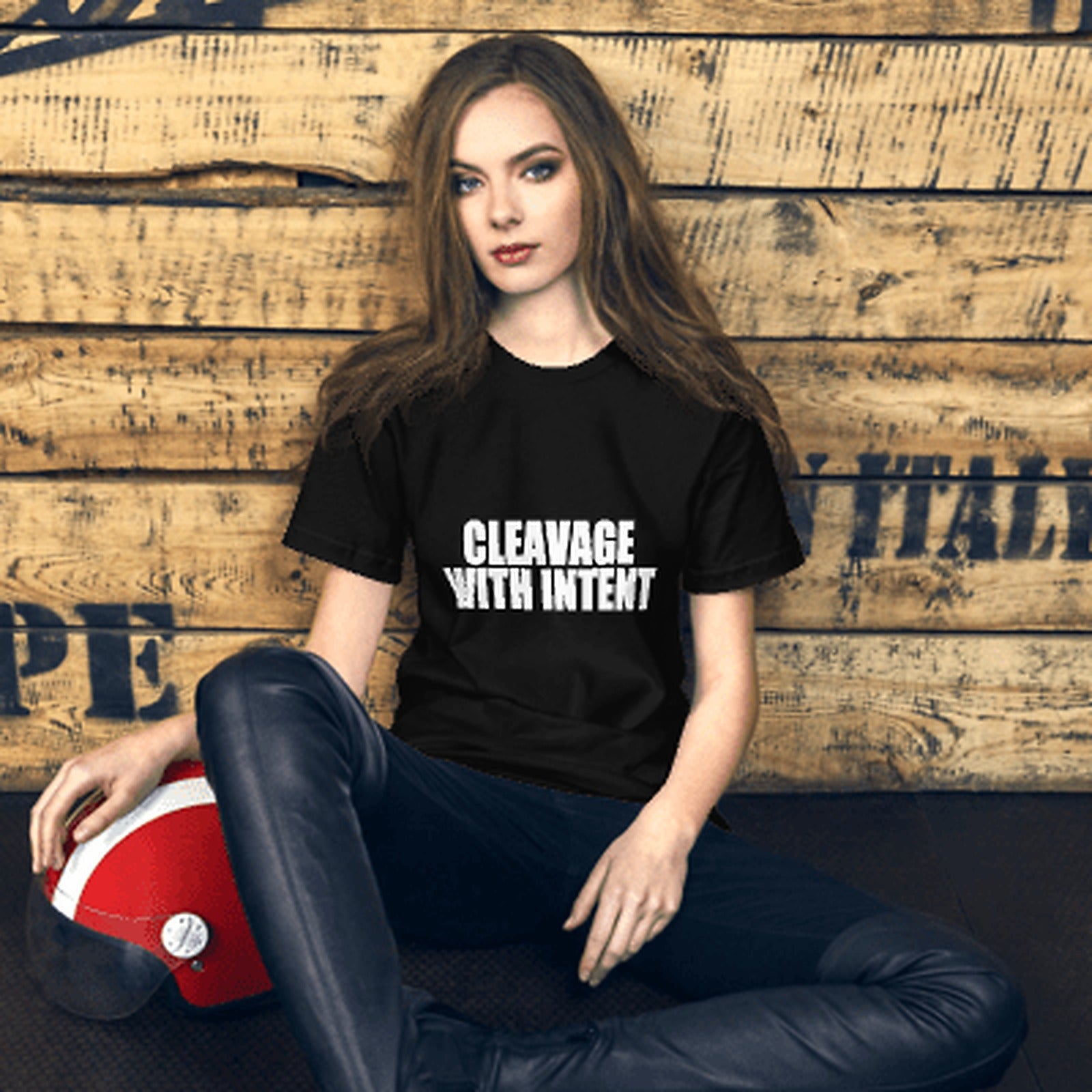 CLEAVAGE WITH INTENT TEE female wood-wall model mockup