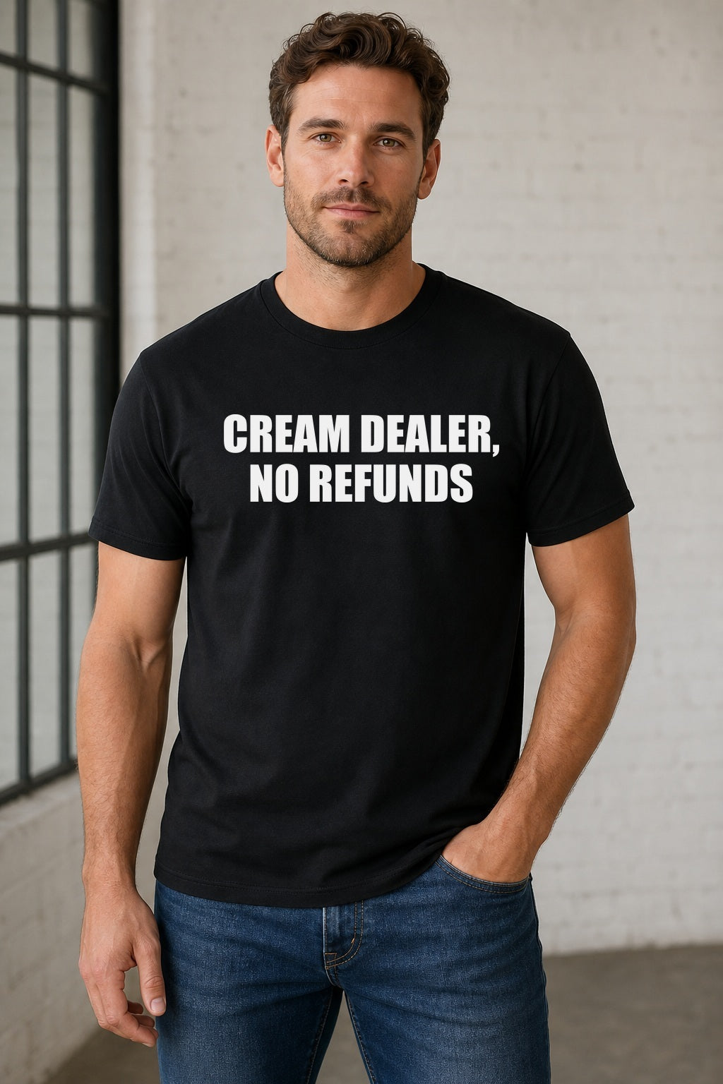CREAM DEALER, NO REFUNDS TEE model mockup
